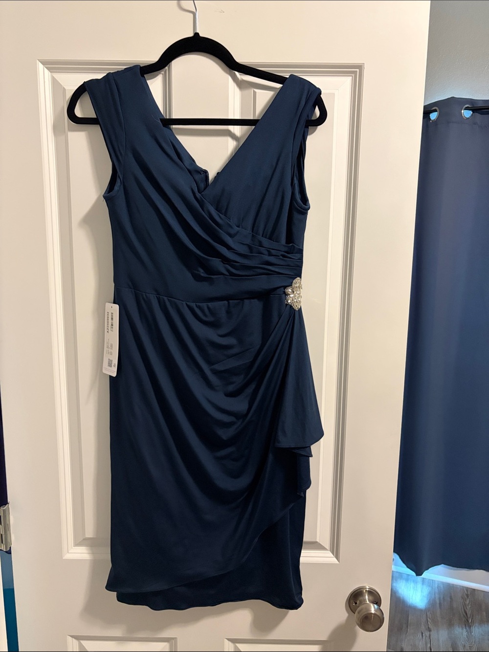 Azazie Navy Sleeveless V-Neck Draped Midi Dress with Side Brooch